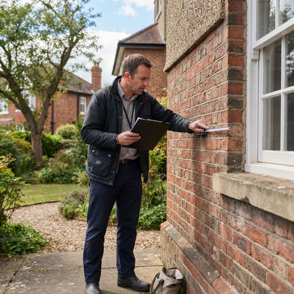 Chartered surveyor inspecting a residential property with a tablet