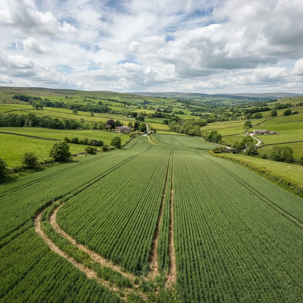 Green UK agricultural farmland with neat crop rows