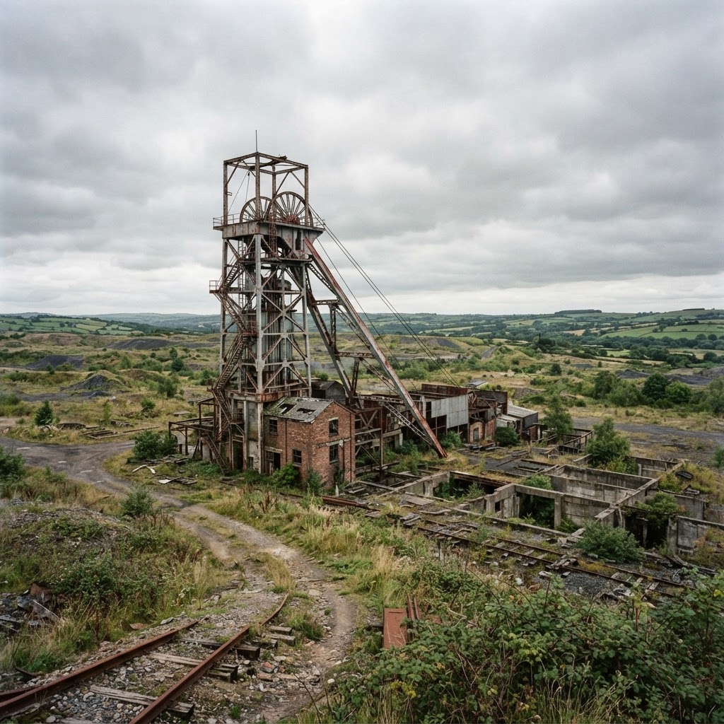 Disused UK colliery winding wheel headframe on a former coalfield