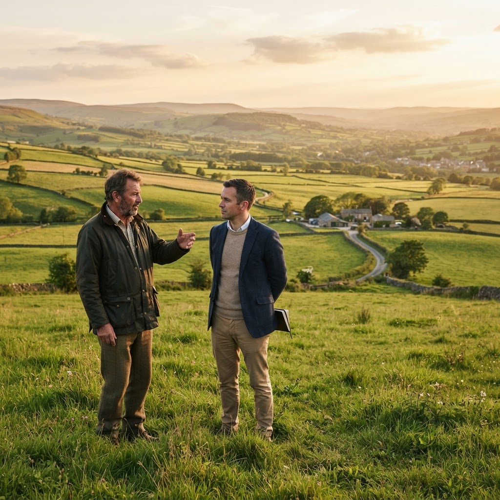 Landowner overlooking a green field with a tablet showing a site map