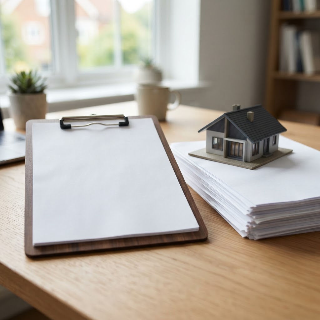 Property due diligence checklist next to a laptop showing a UK property map
