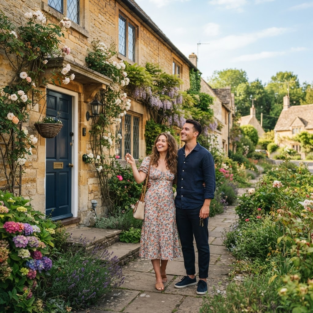 Young couple standing outside their new UK home holding keys
