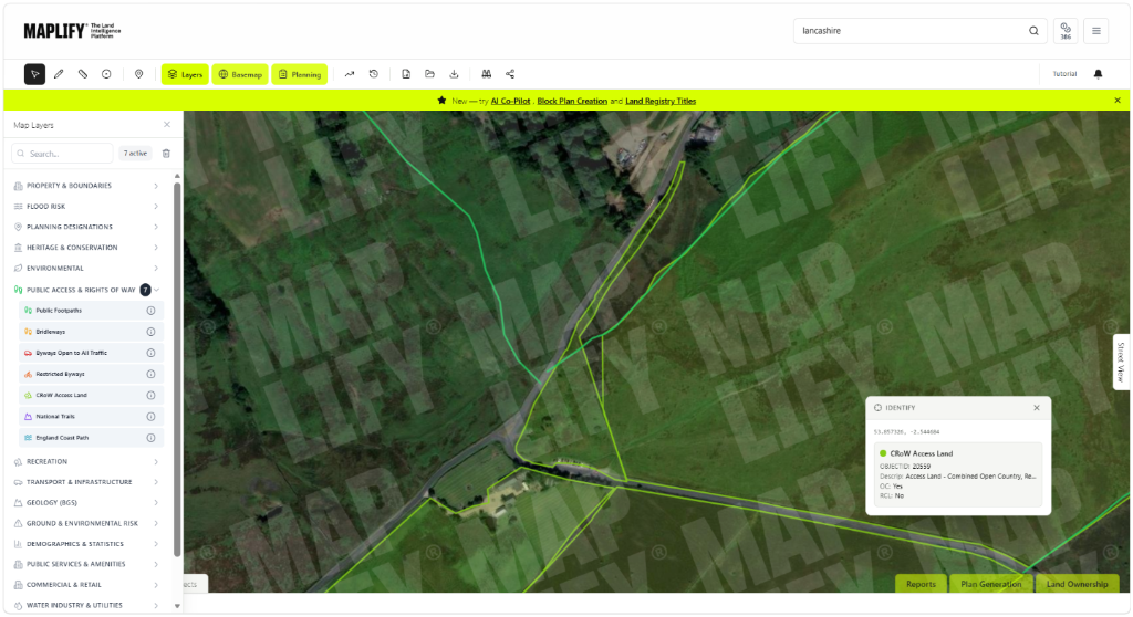Maplify map screenshot showing CRoW Access Land and rights of way over a rural site in Lancashire, alongside identify results and site intelligence data
