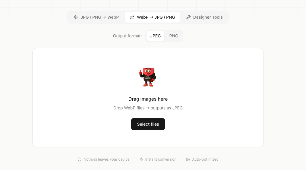 The WEBP Converter interface set to its reverse mode, showing the WebP to JPEG or PNG option selected with the output format picker and the drag and drop upload zone.