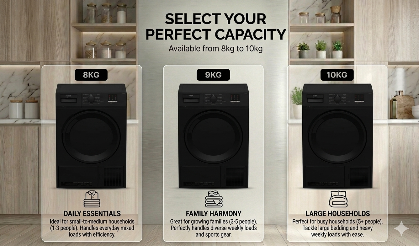 Black Condenser Tumble Dryer Available in 8kg, 9kg & 10kg Capacities