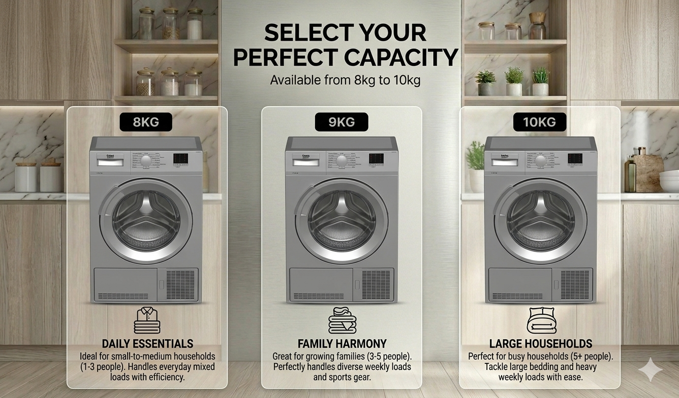 Silver Condenser Tumble Dryer Available in 8kg, 9kg & 10kg Capacities