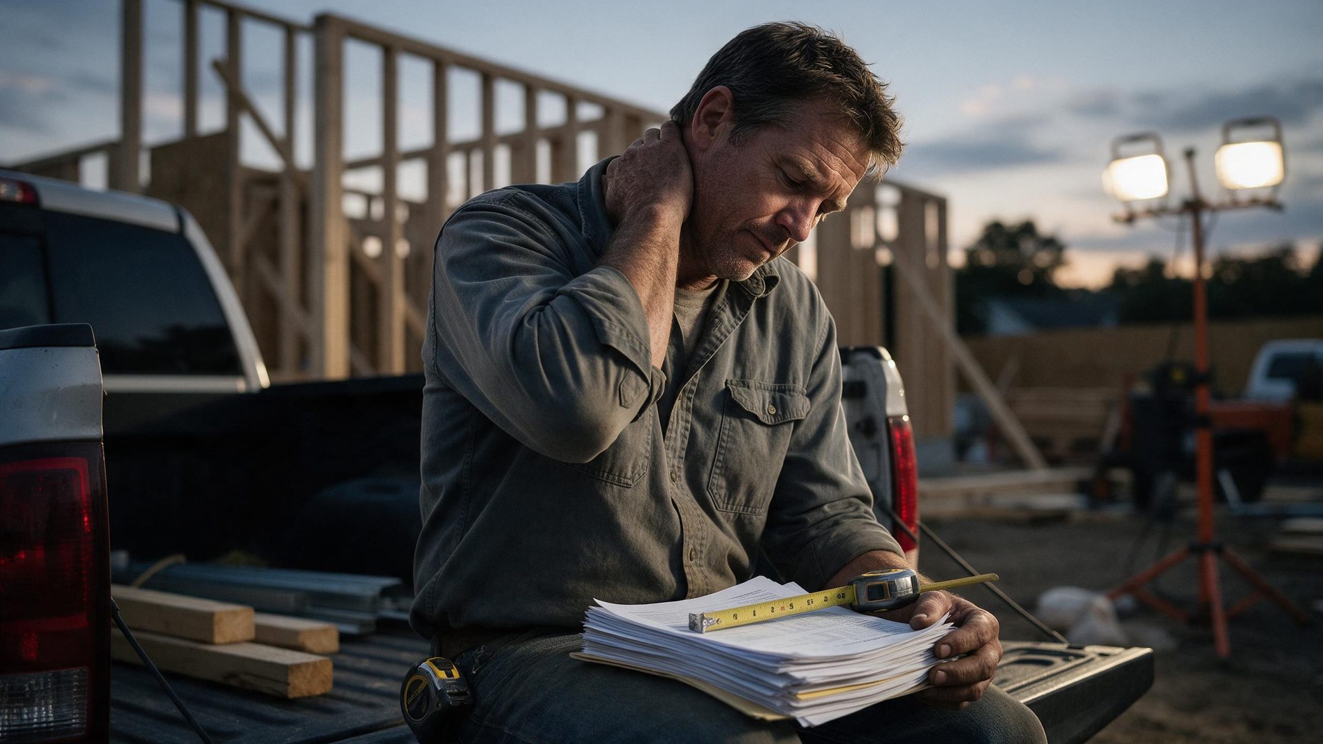 A contractor on his tailgate at dusk with the application packet on his knee