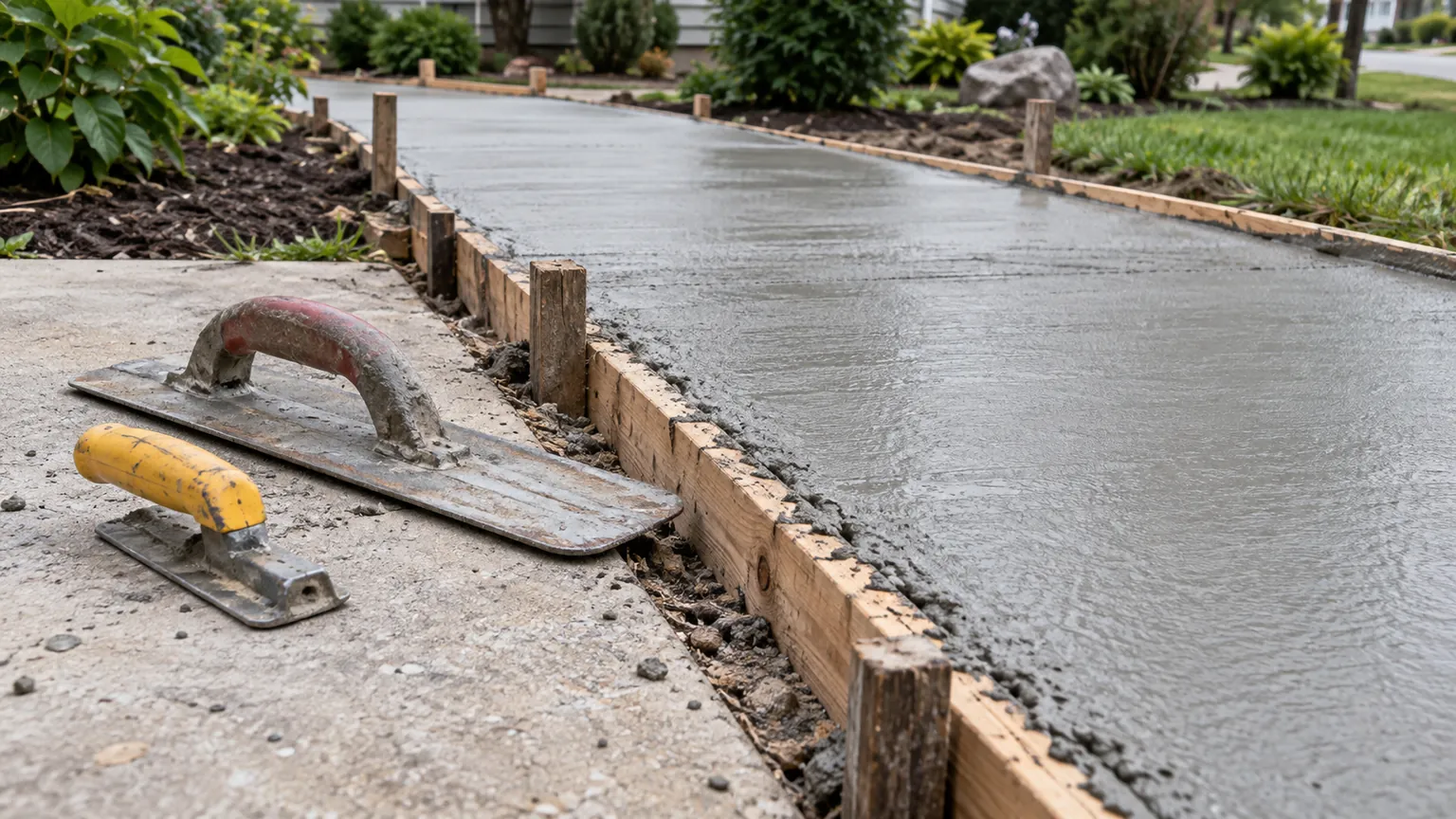 Two worn concrete finishing tools rest beside a freshly poured walkway bordered by wooden forms and green landscaping.