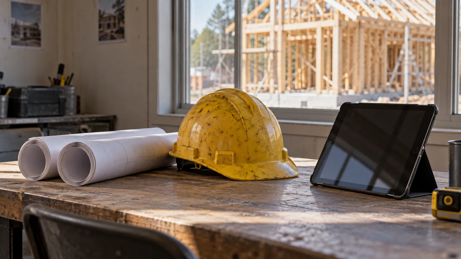 Site office table with rolled blueprints, a yellow hard hat and a tablet, a framed building outside the window