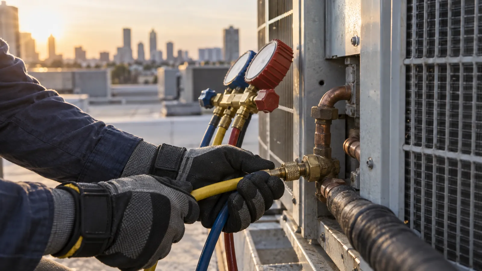 Gloved hands connecting refrigerant gauges to a rooftop air conditioning condenser at sunset