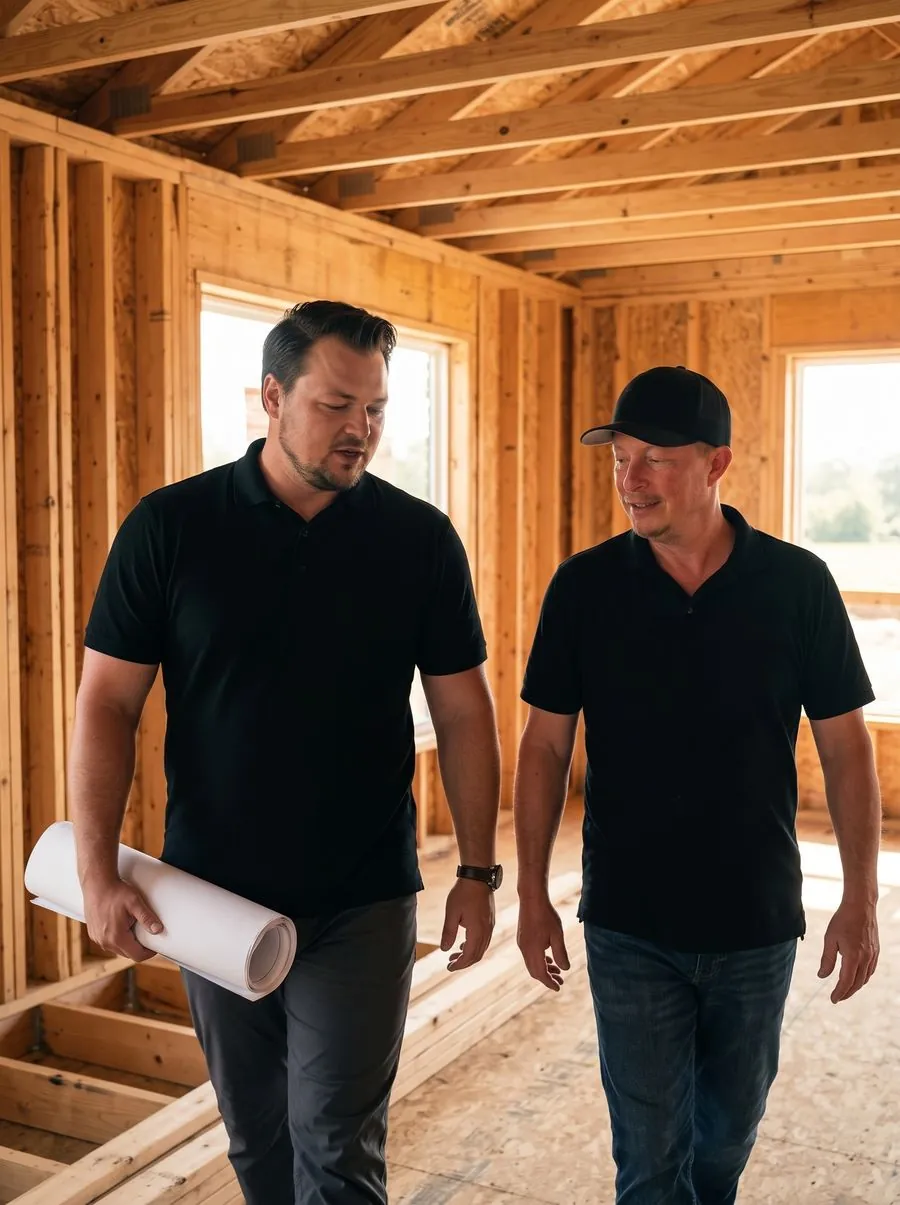 Two builders walking through a wood-framed house under construction.