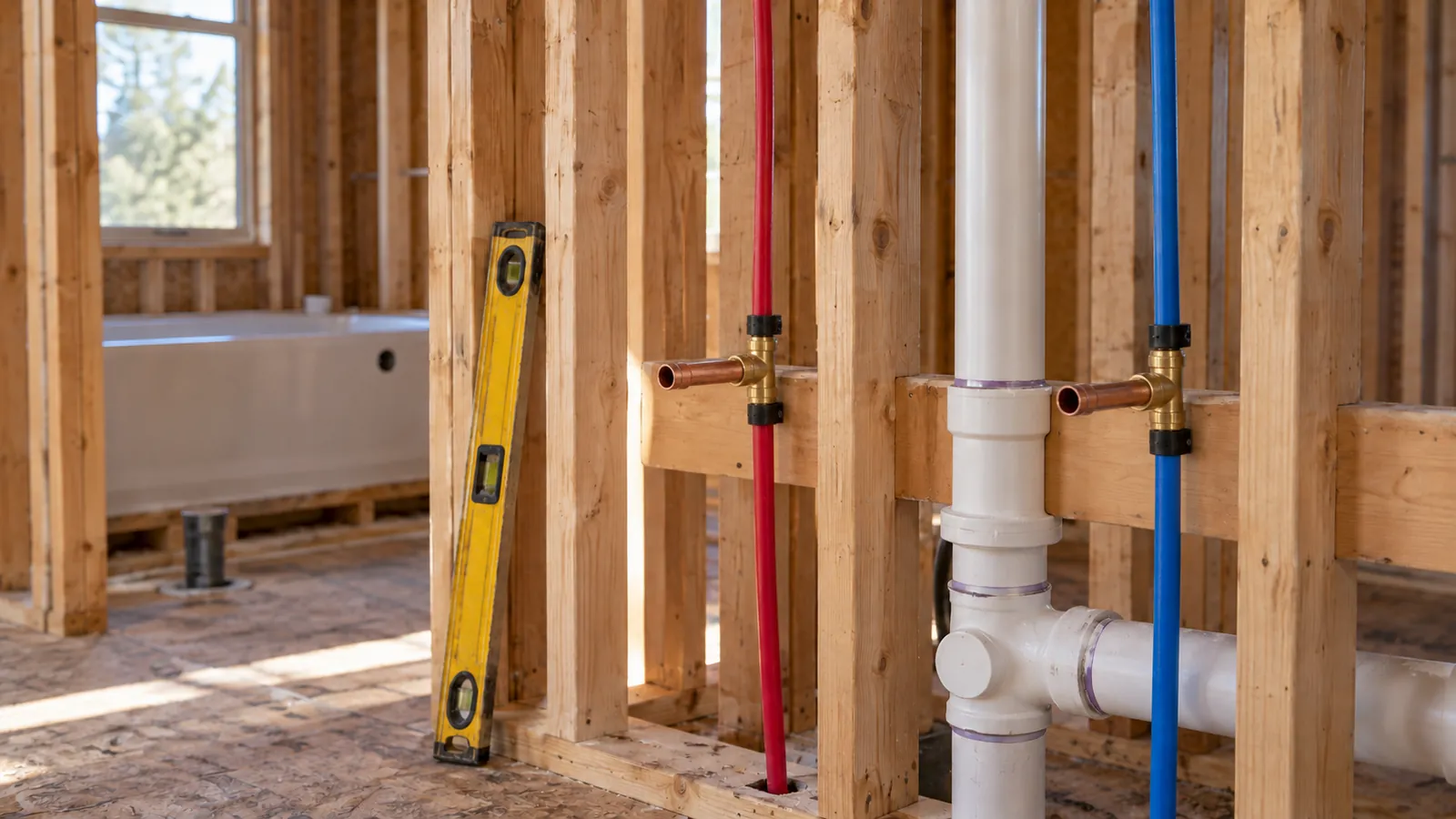 Bathroom plumbing rough-in in a framed wall with red and blue supply lines, a drain stack and a yellow level