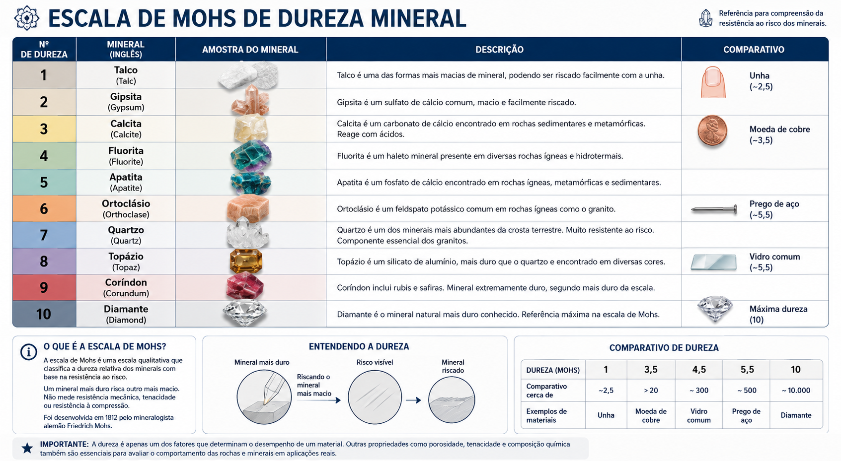 Infográfico da Escala de Mohs de dureza mineral