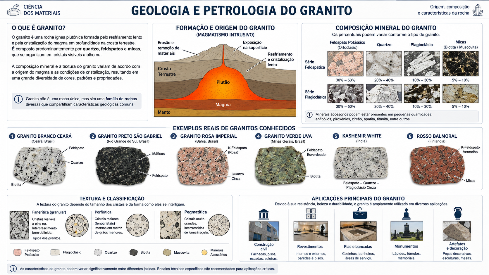 Prancha com seis exemplos de granitos conhecidos e seus minerais constituintes