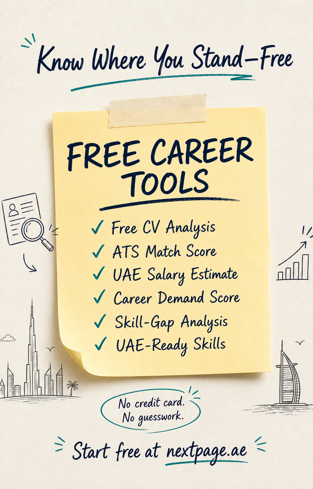Free career tools for UAE professionals: Free CV analysis, ATS match score, UAE salary estimate, career demand score, skill-gap analysis, UAE-ready skills