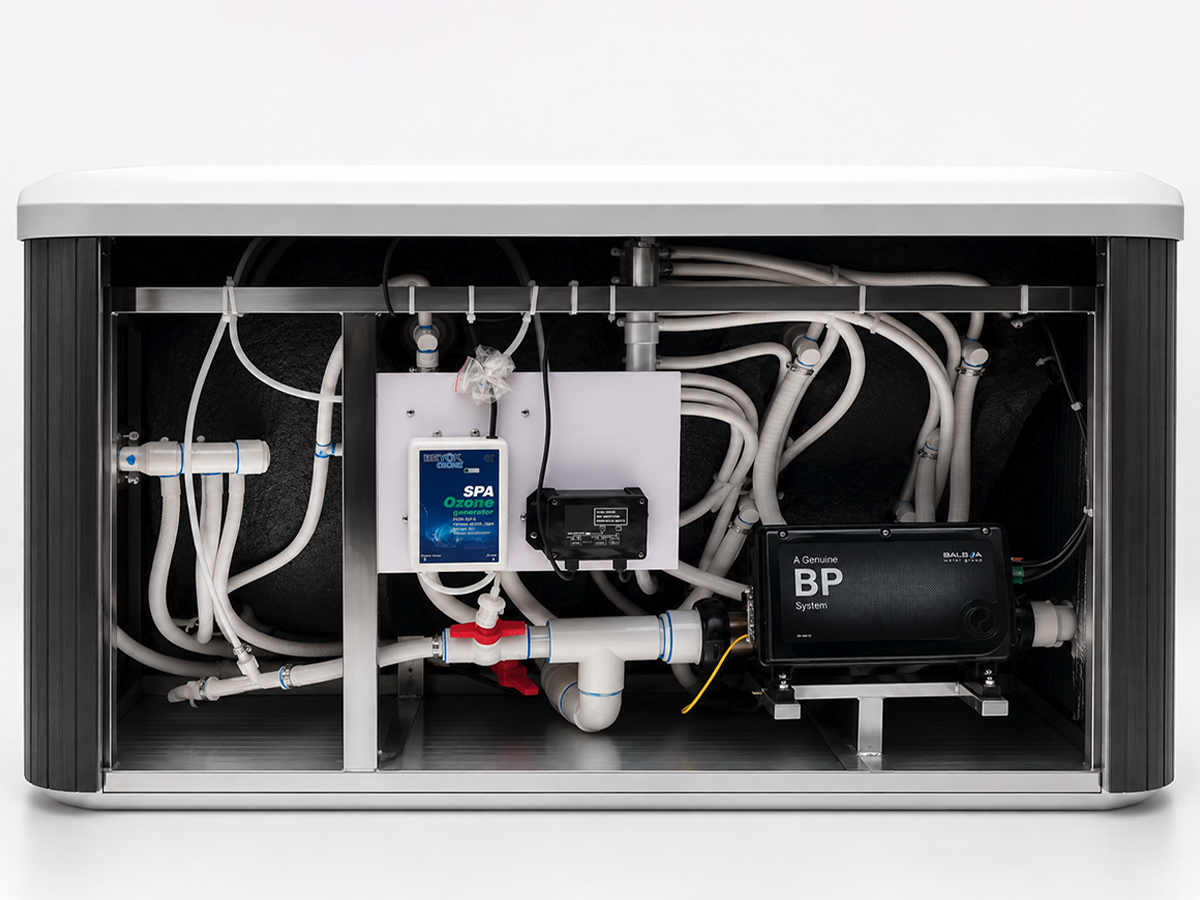 Simple Spas hot tub interior equipment and plumbing