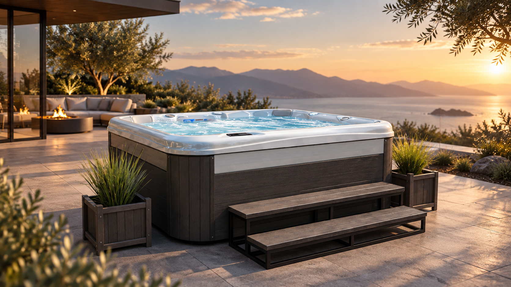 Hot tub on a terrace overlooking the water at sunset
