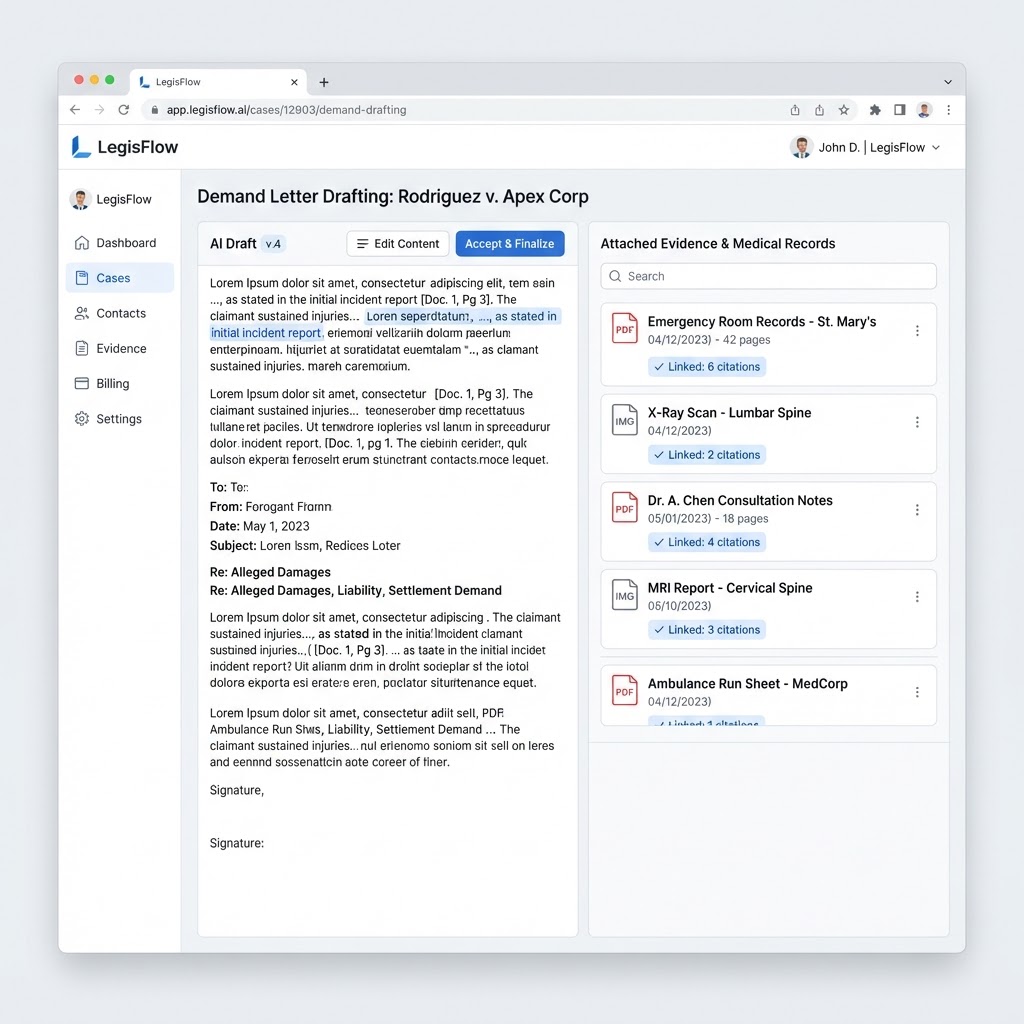 AI demand letters & mediation briefs — illustrative interface mockup