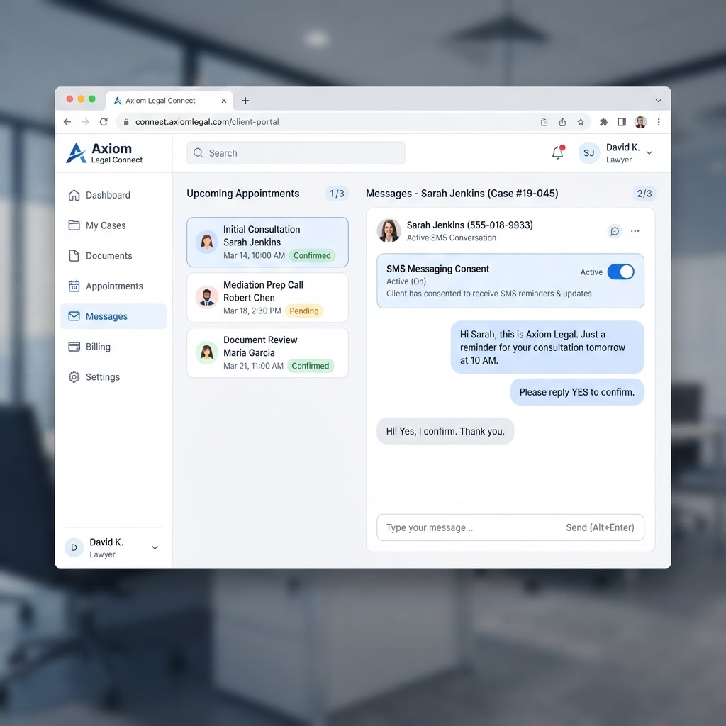 Client portal & SMS reminders — illustrative interface mockup