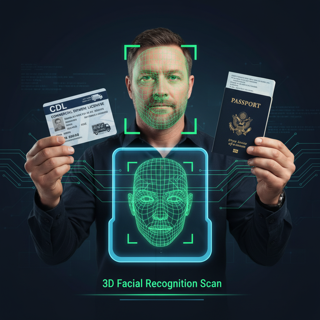 Driver holding CDL and US Passport undergoing 3D facial recognition scan