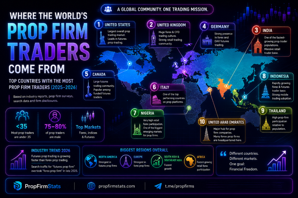 Infographic: Where the World's Prop Firm Traders Come From — Top 10 Countries 2025-2026 with regional stats