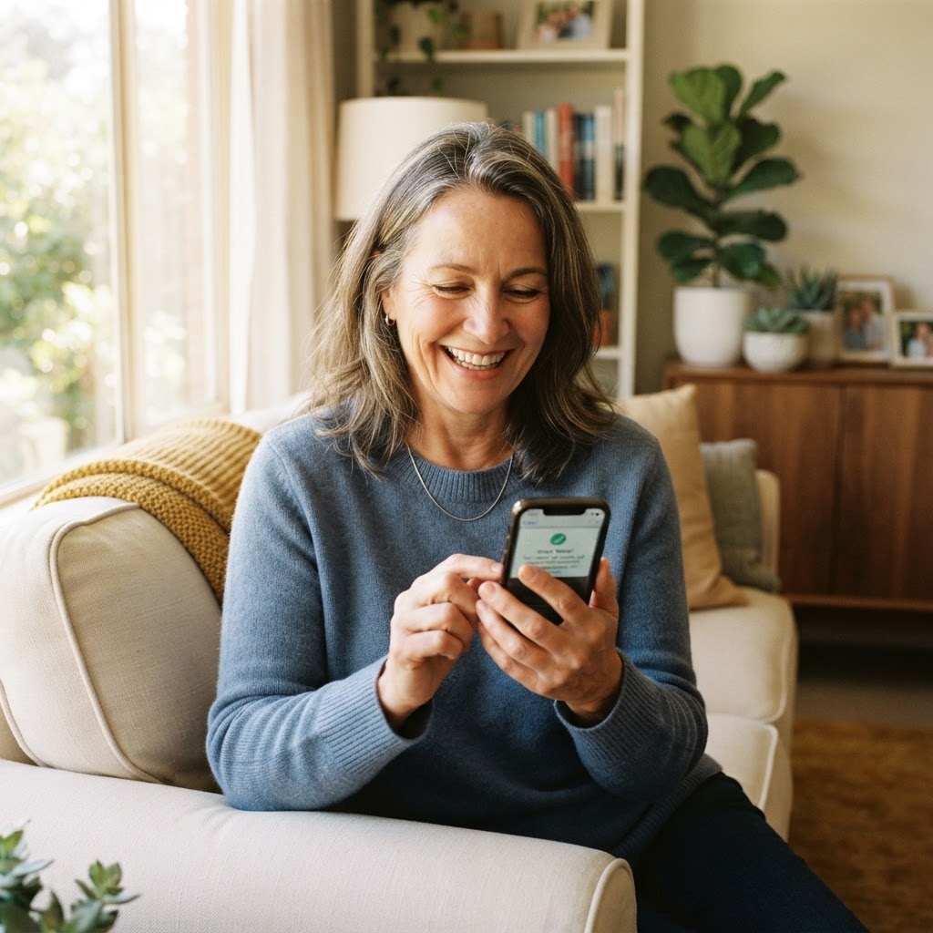 Patient smiling while ordering on their phone