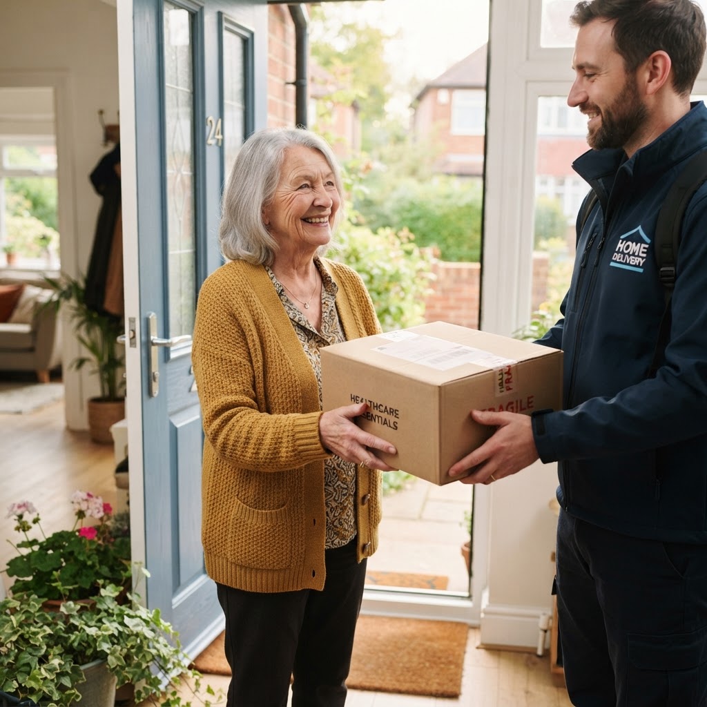 Elderly woman receiving a home-delivered package at her door