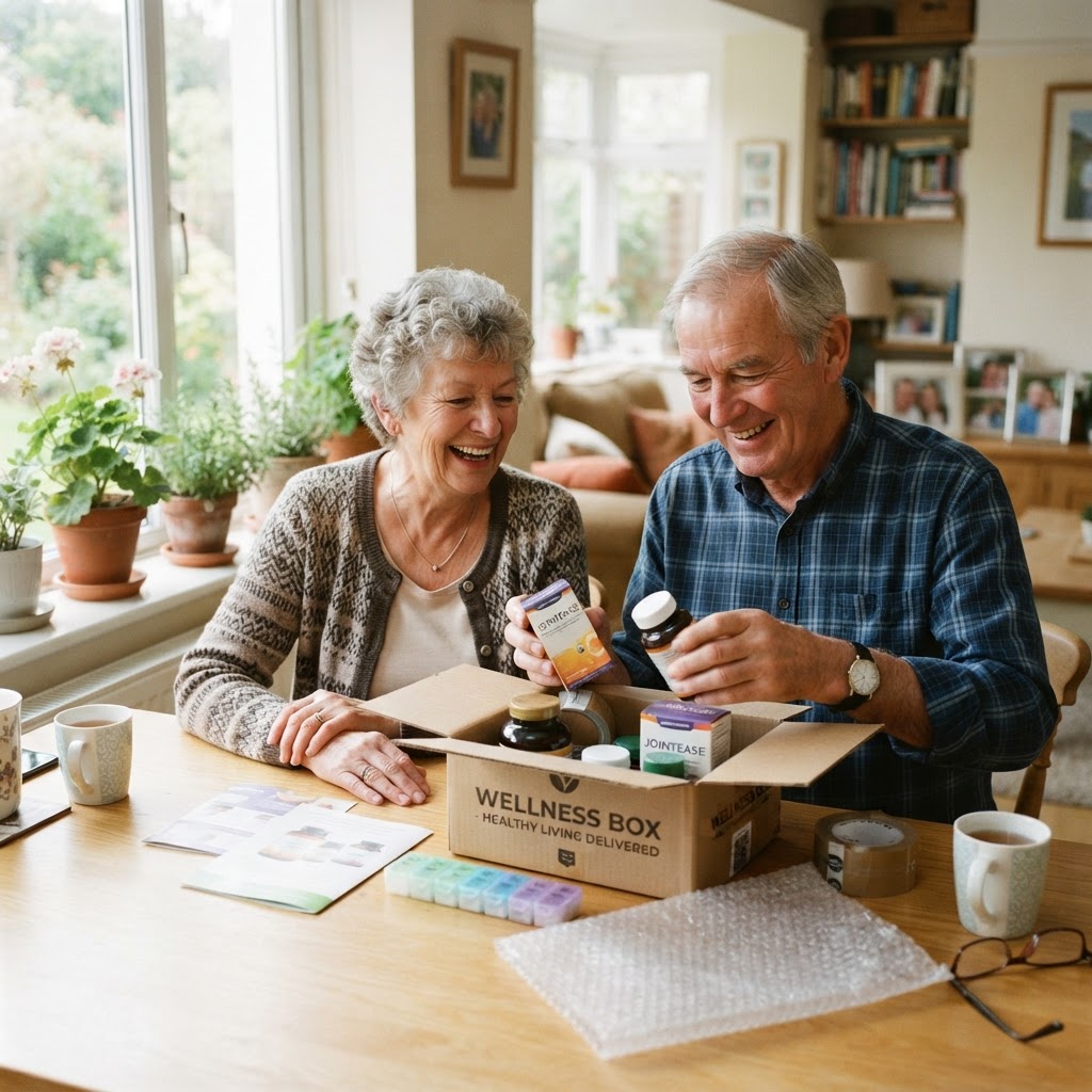 Elderly couple opening a delivered package at their kitchen table