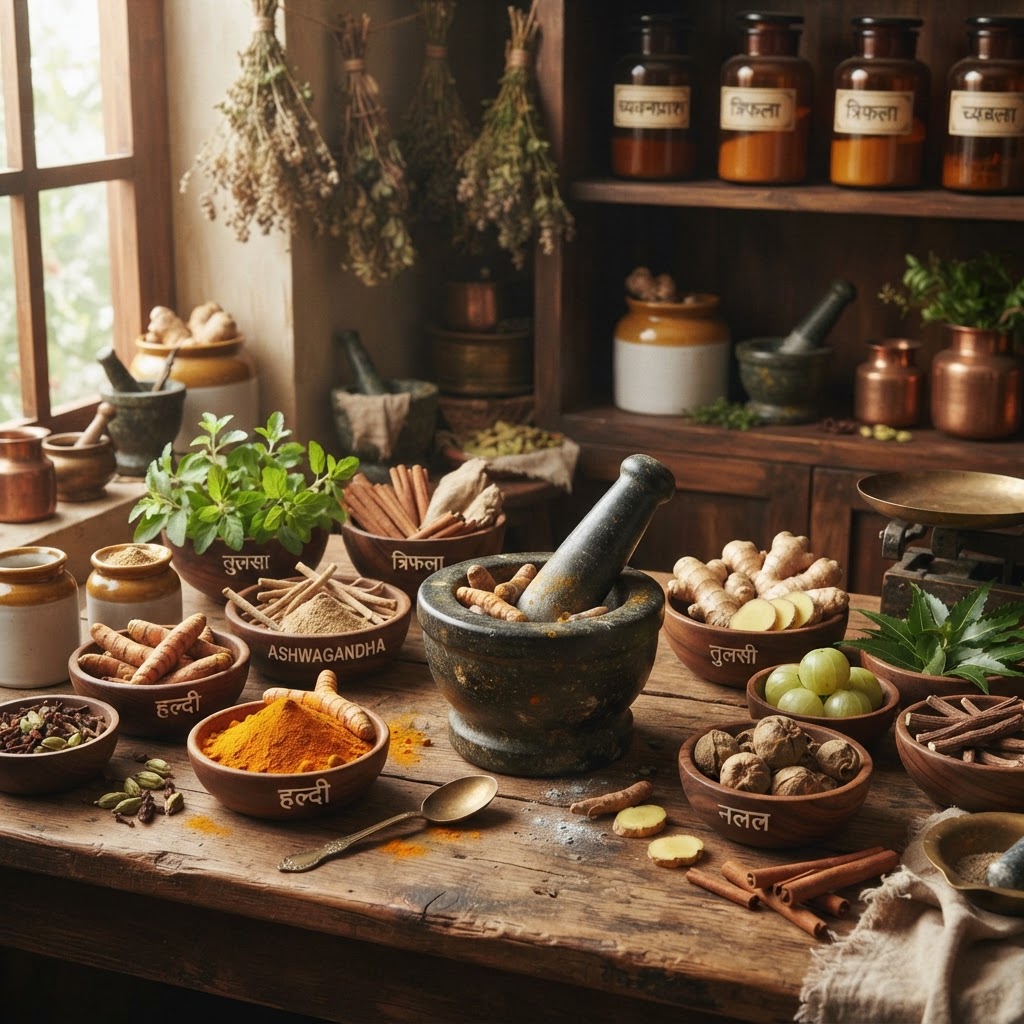 Authentic Ayurvedic herbs and botanicals arranged in traditional bowls