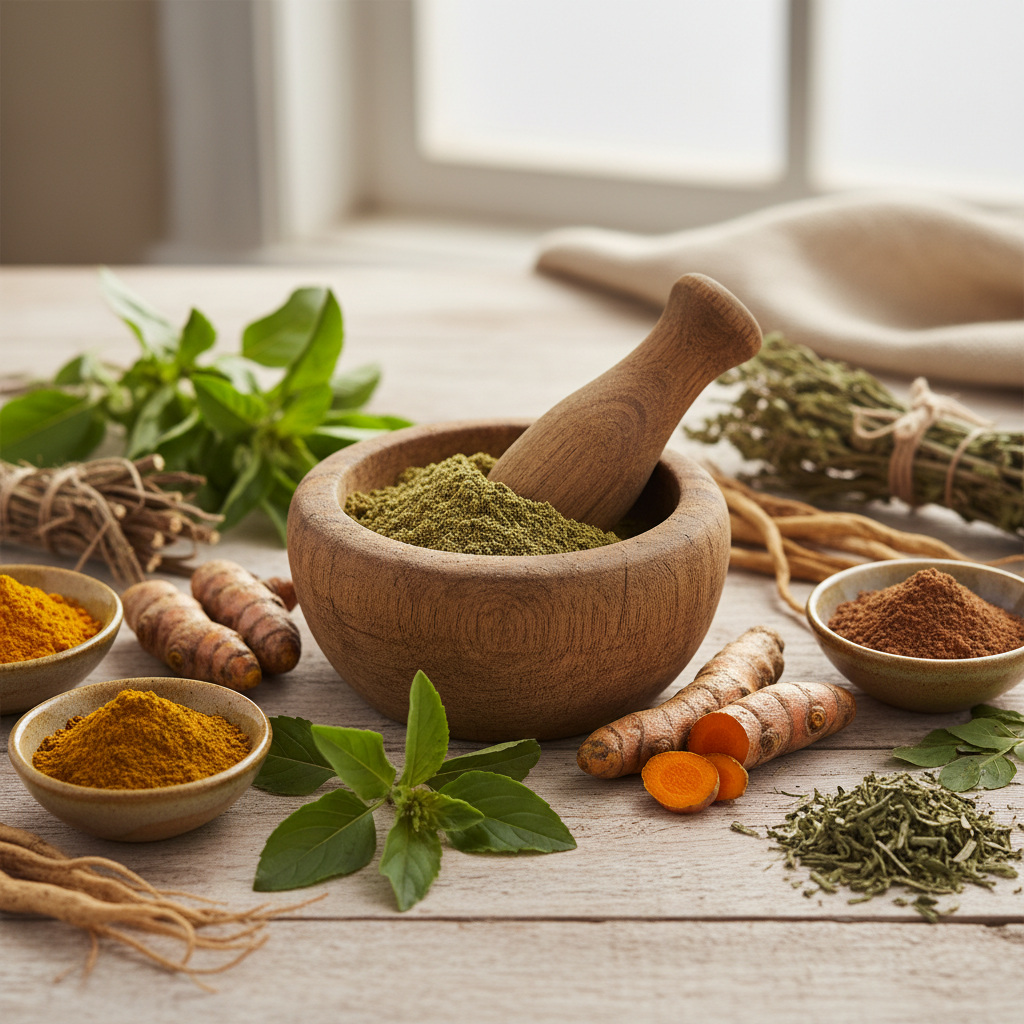 Traditional Ayurvedic herbs, powders and botanicals with mortar and pestle