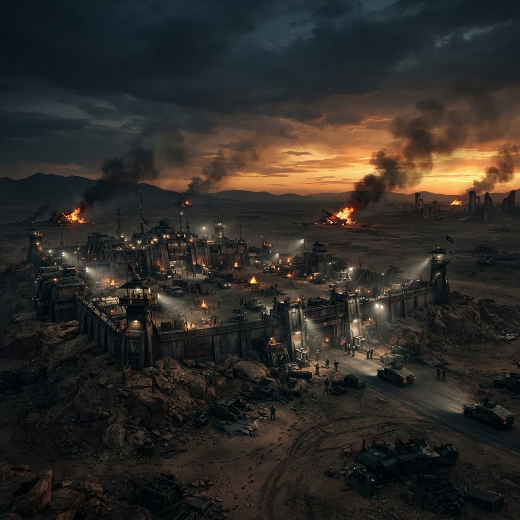 Post-apocalyptic Last War alliance stronghold at dusk