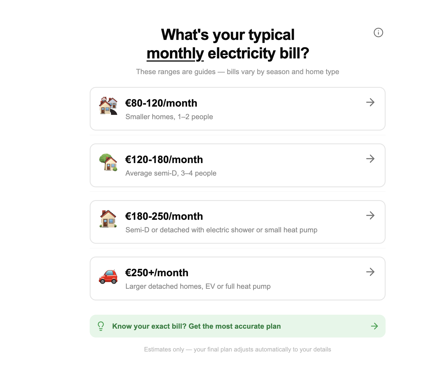 Solar estimation tool - bill selection