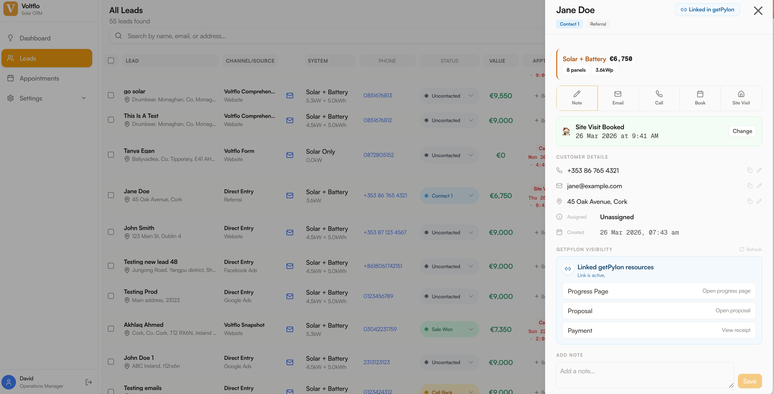 Voltflo CRM showing captured leads from the Greenhouse website