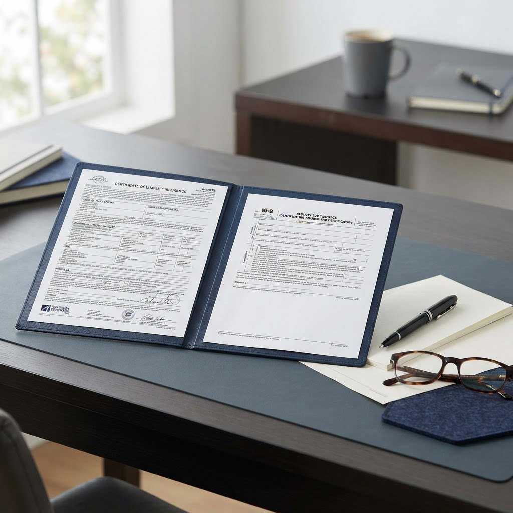 W-9 form and certificate of insurance on a desk