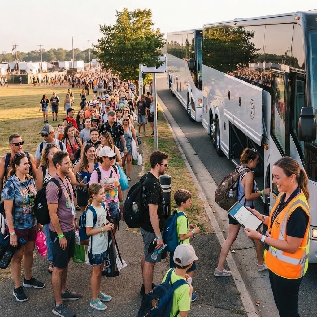 Event guests lining up to board shuttle buses