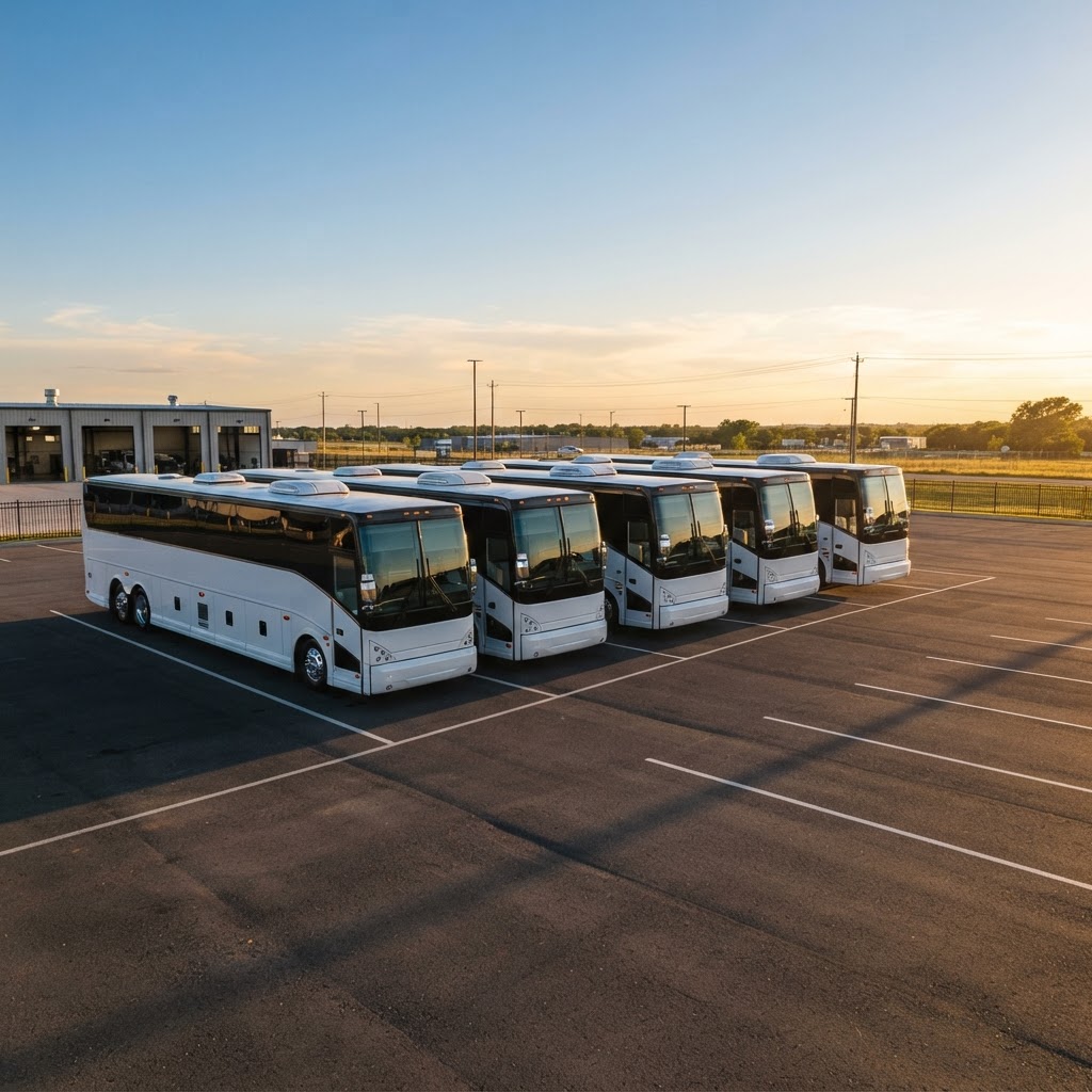 Charter bus fleet lined up in a yard