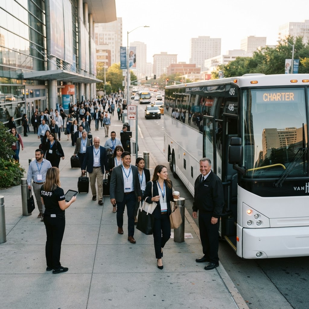 Convention attendees boarding a shuttle bus
