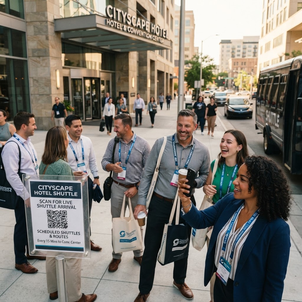 Convention attendees scanning a shuttle stop QR code outside a hotel