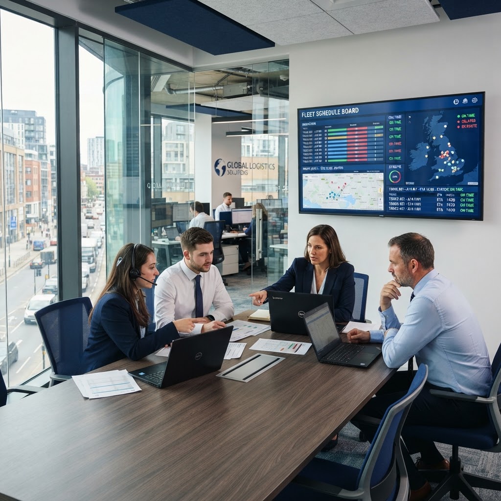 Operations team collaborating in a dispatch office