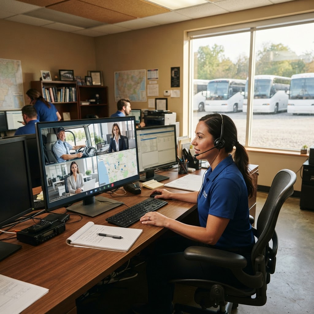 Dispatcher on a video meeting with a driver and a customer