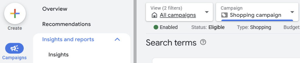 Insights and reports - תפריט צדדי ב-Google Ads