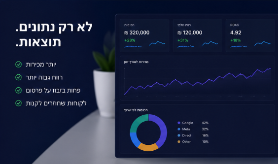 דשבורד תוצאות - הכנסות, רווח גולמי ו-ROAS