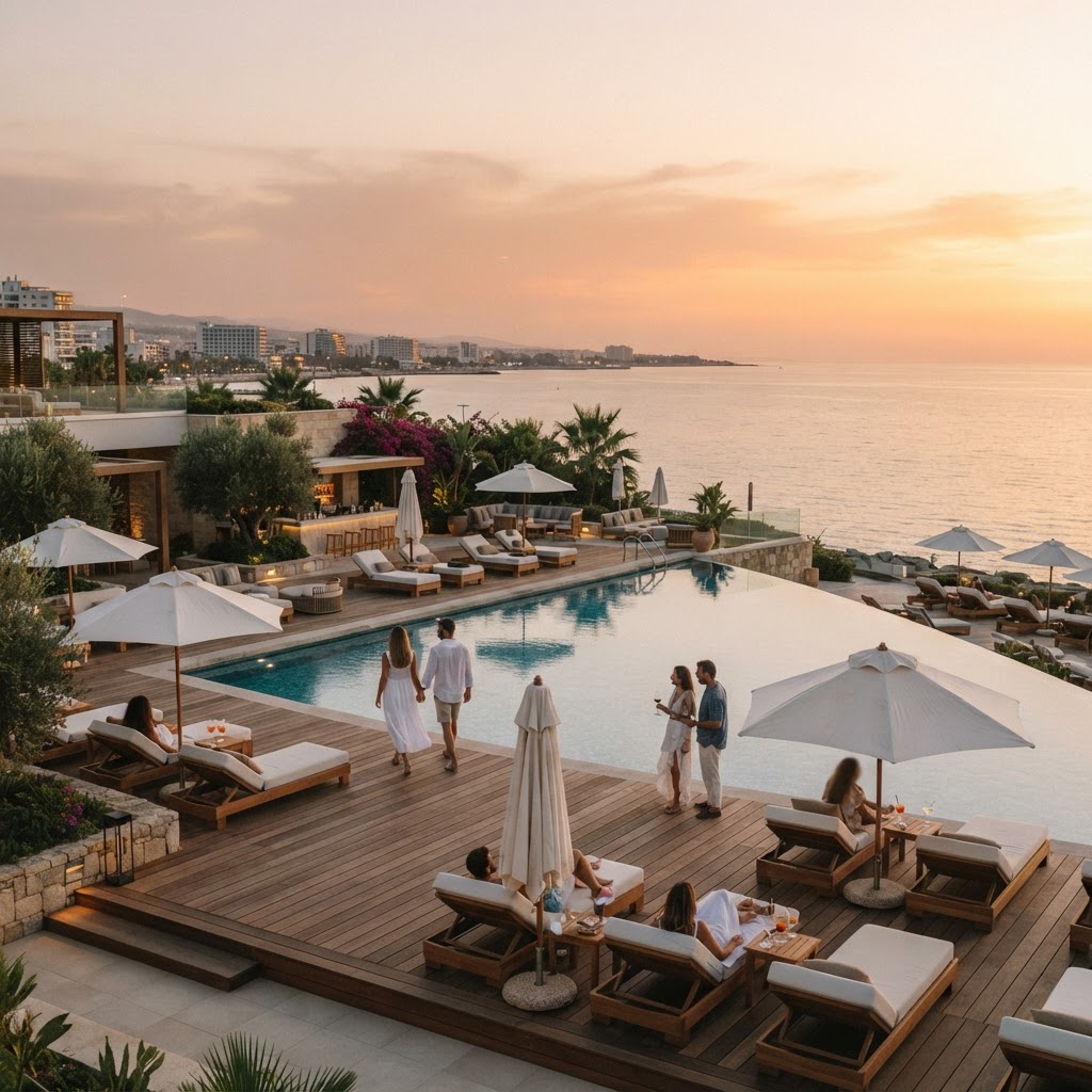 Beach Club Stimmung in Limassol zur goldenen Stunde