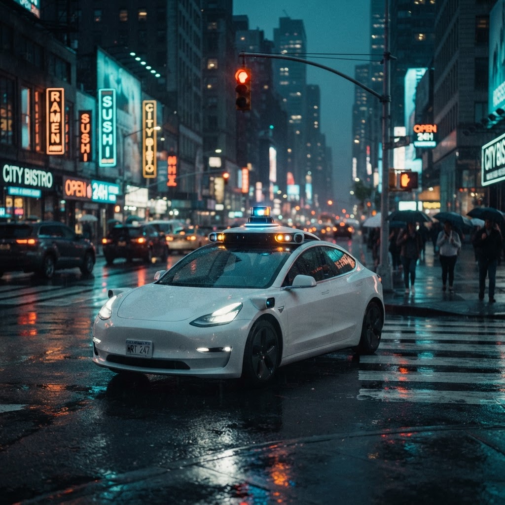 Driverless robotaxi waiting at a city intersection at night