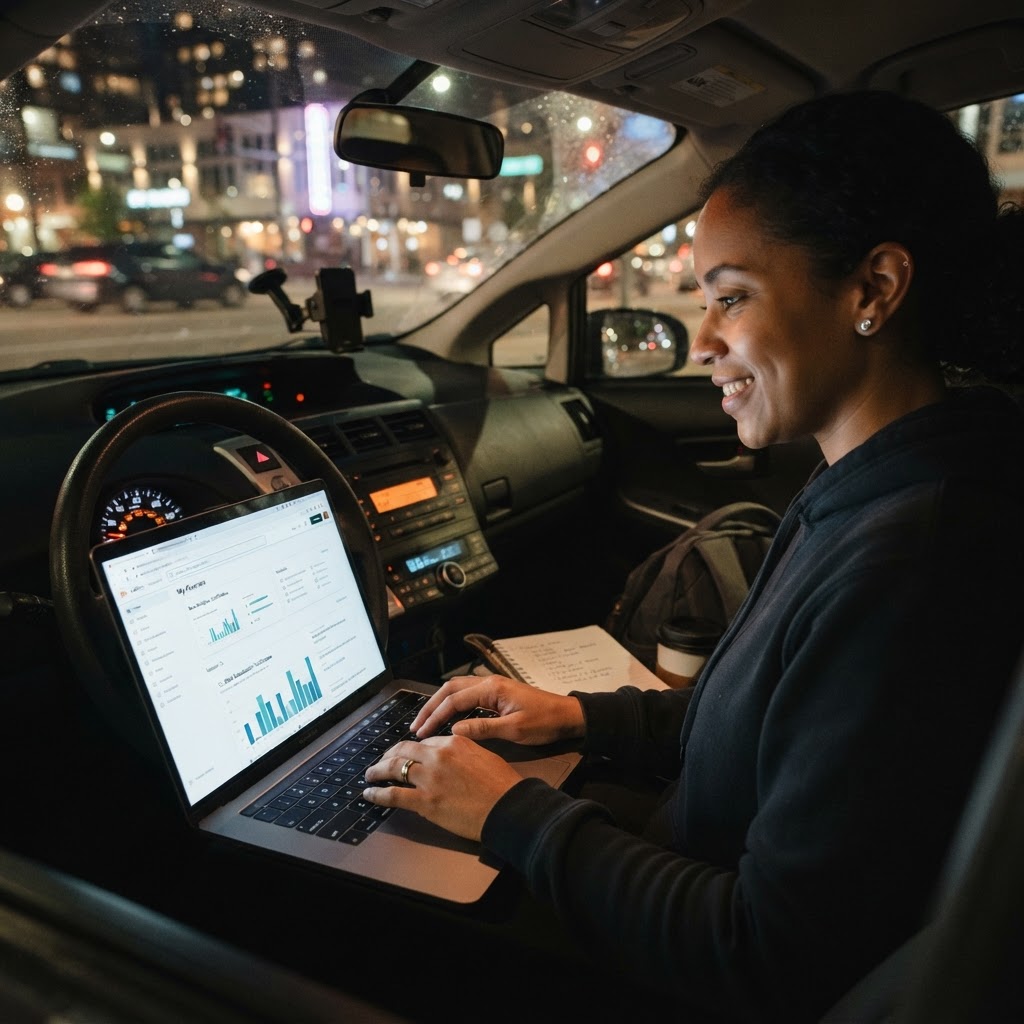 Driver studying on a laptop in a parked car at night