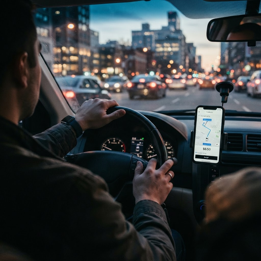 Rideshare driver at the wheel with a ride-hailing app showing a low fare