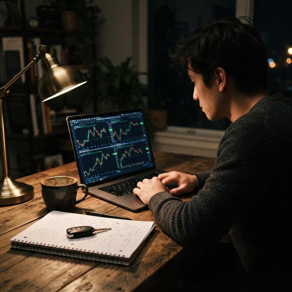 Driver studying market charts on a laptop at a home desk at night