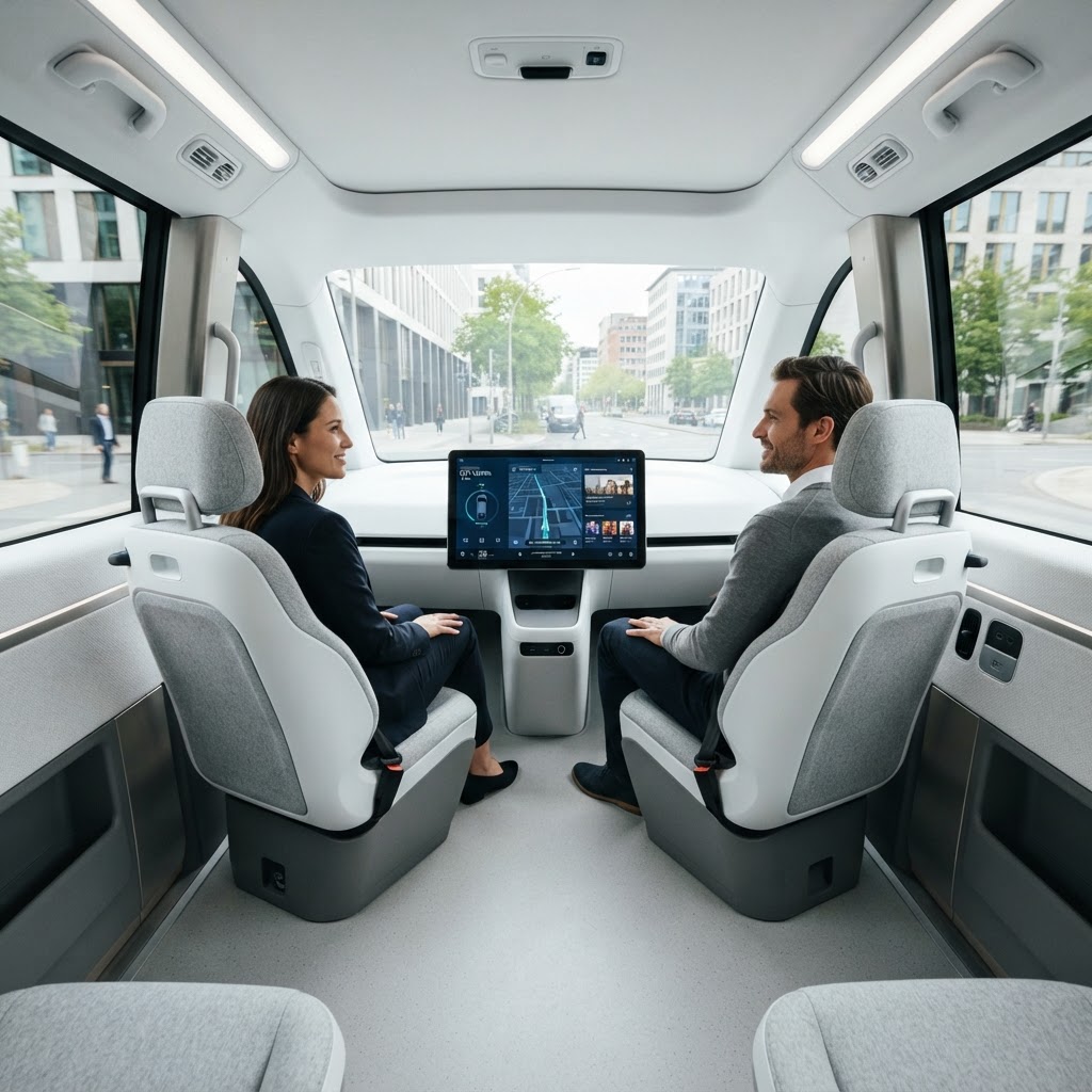 Interior of a purpose-built robotaxi with no steering wheel