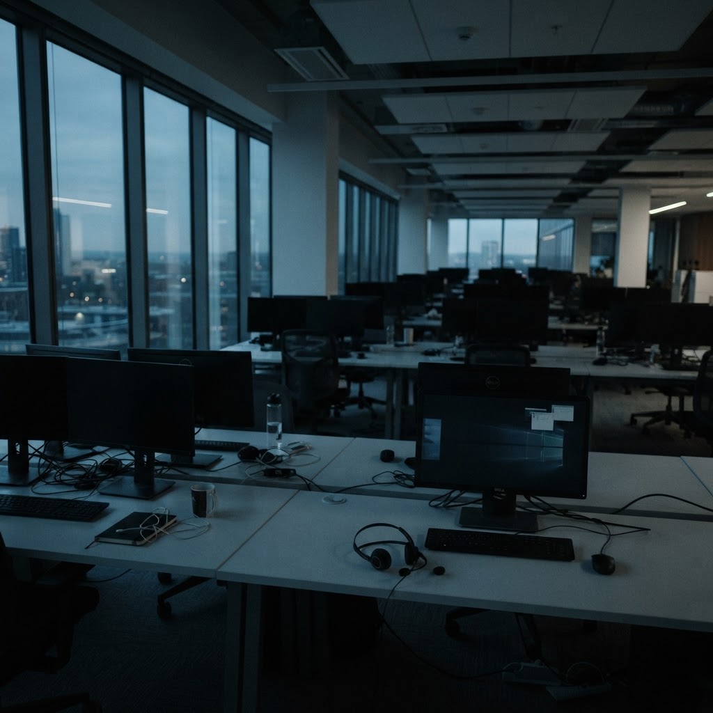 Empty open-plan office with vacant desks at dusk