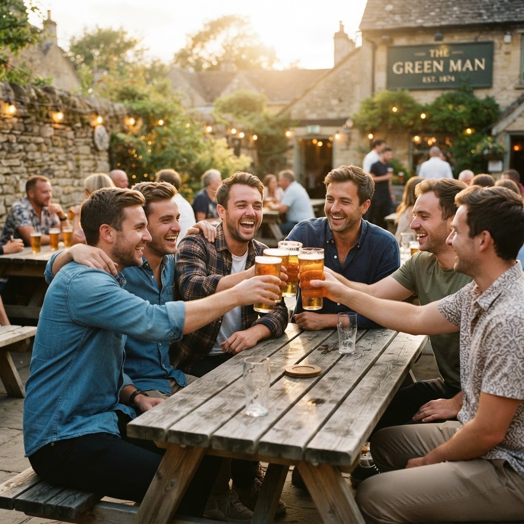 Mates raising a beer at a country pub